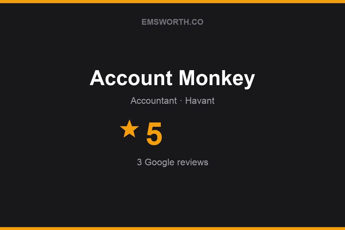 Branded Emsworth.co rating card for Account Monkey — 5 stars, 3 Google reviews