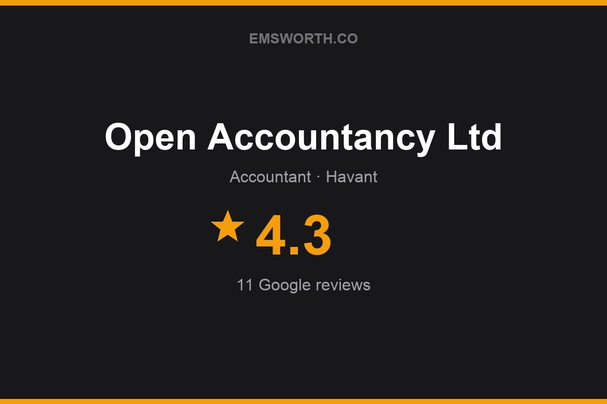 Branded Emsworth.co rating card for Open Accountancy Ltd — 4.3 stars, 11 Google reviews
