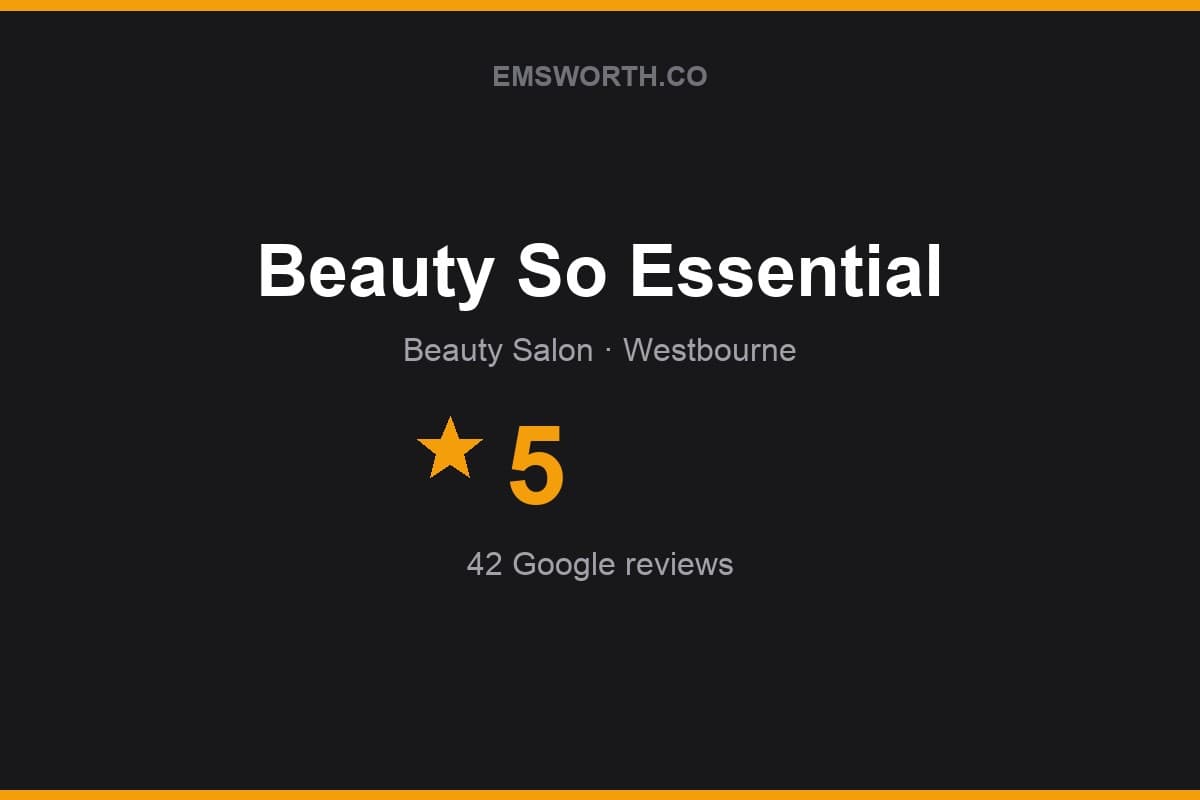 Branded Emsworth.co rating card for Beauty So Essential — 5 stars, 42 Google reviews