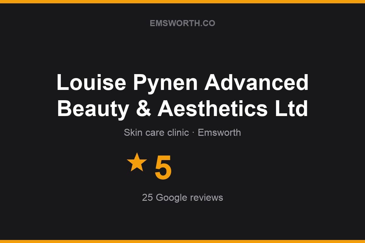 Branded Emsworth.co rating card for Louise Pynen Advanced Beauty & Aesthetics Ltd — 5 stars, 25 Google reviews