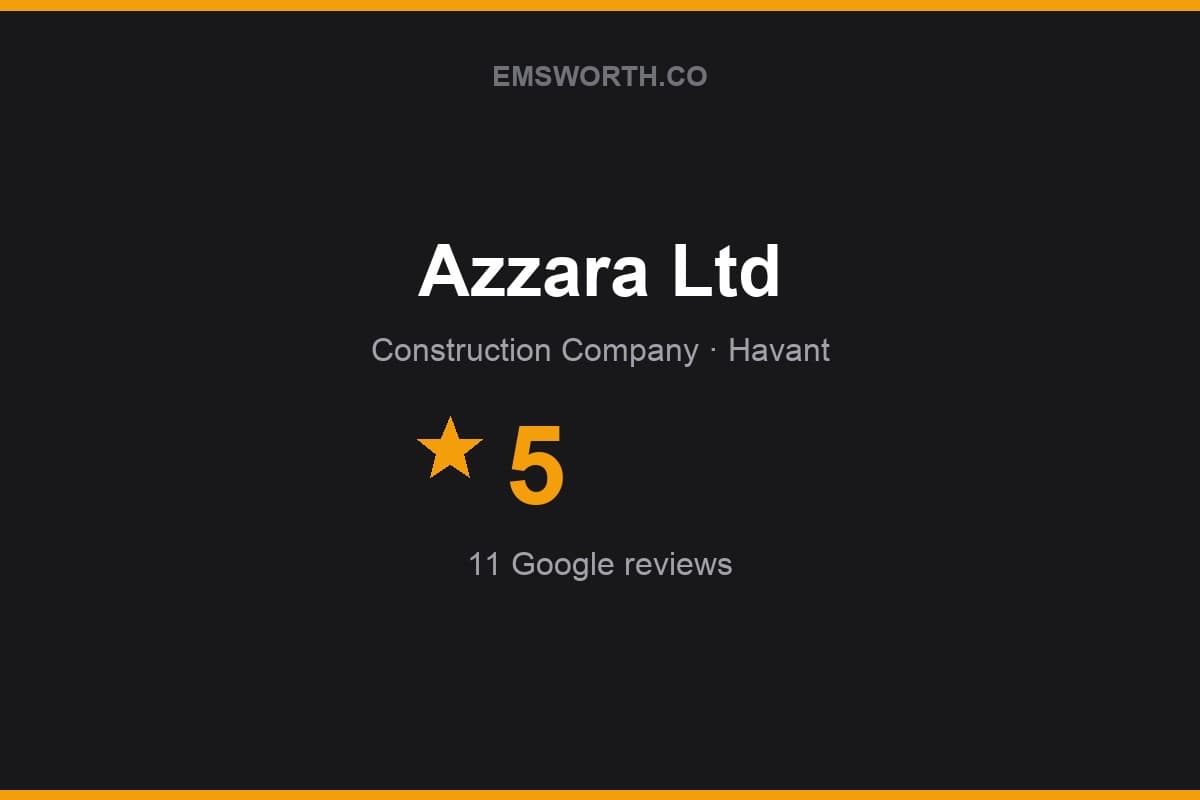 Branded Emsworth.co rating card for Azzara Ltd — 5 stars, 11 Google reviews