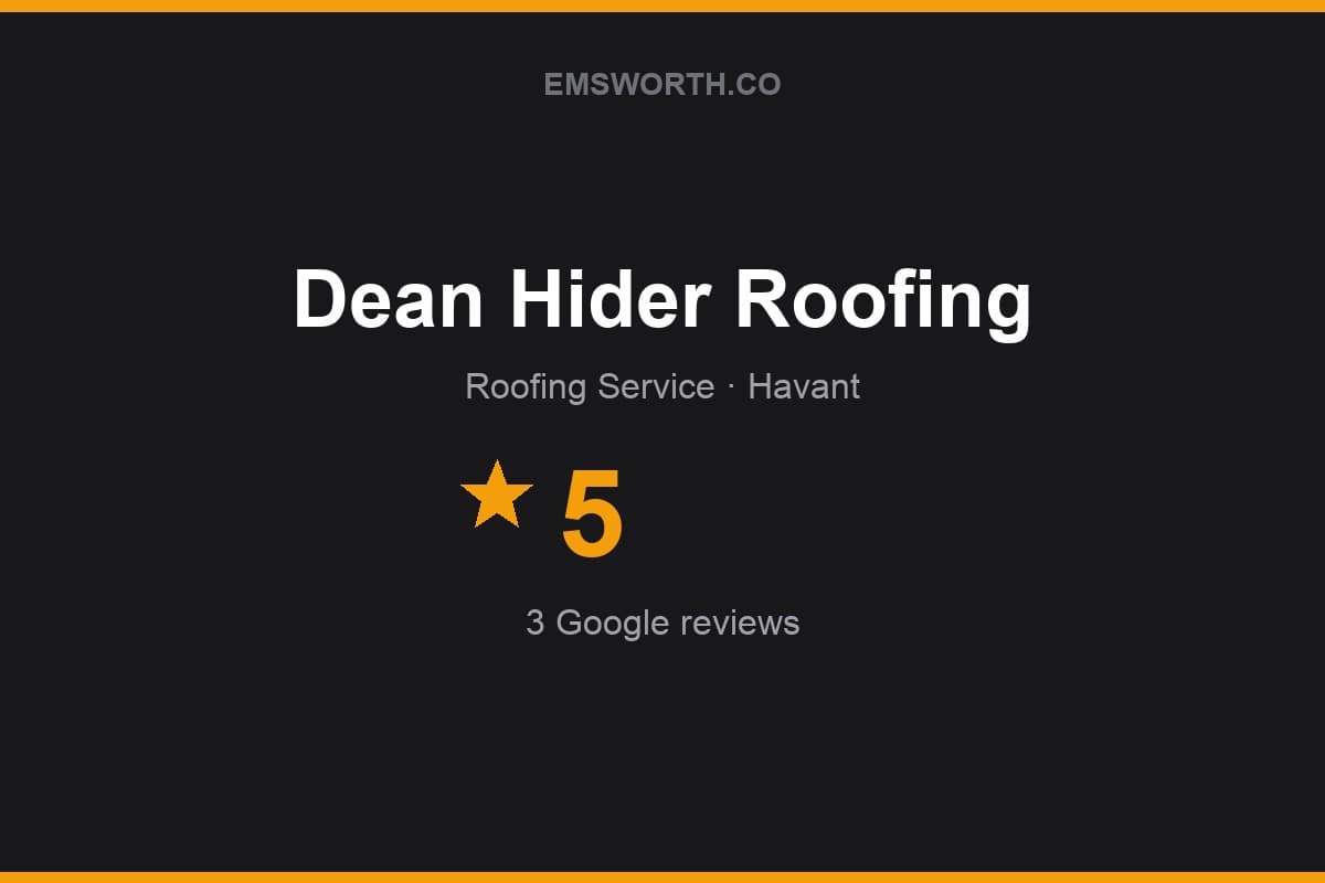 Branded Emsworth.co rating card for Dean Hider Roofing — 5 stars, 3 Google reviews
