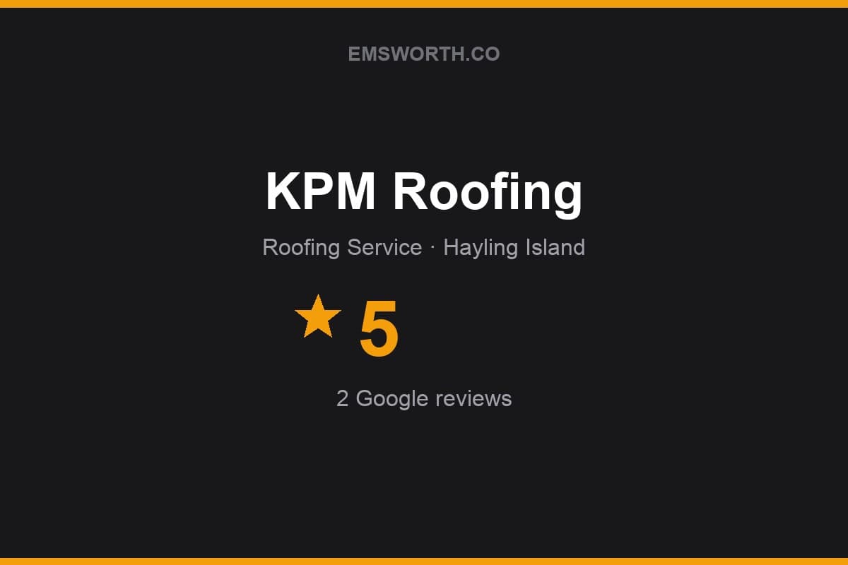 Branded Emsworth.co rating card for KPM Roofing — 5 stars, 2 Google reviews