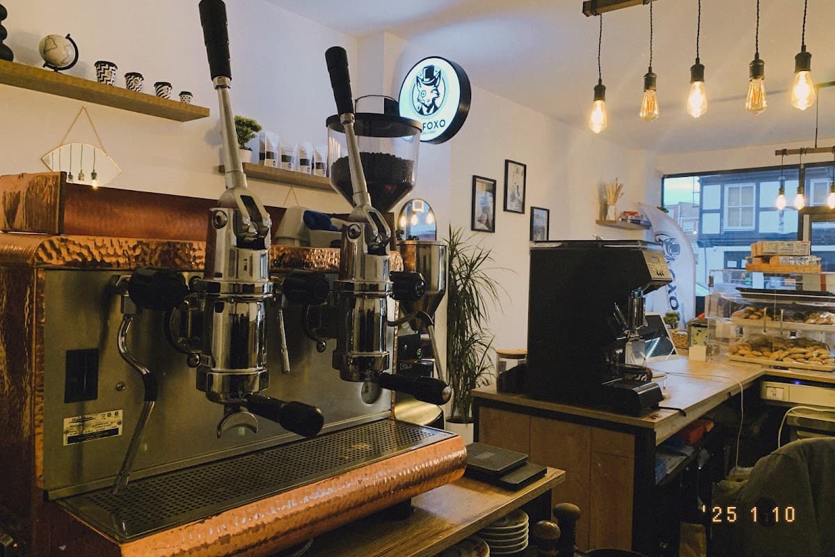The espresso machine and roastery shelf at IL FOXO, a Greek coffee house on North Street, Havant