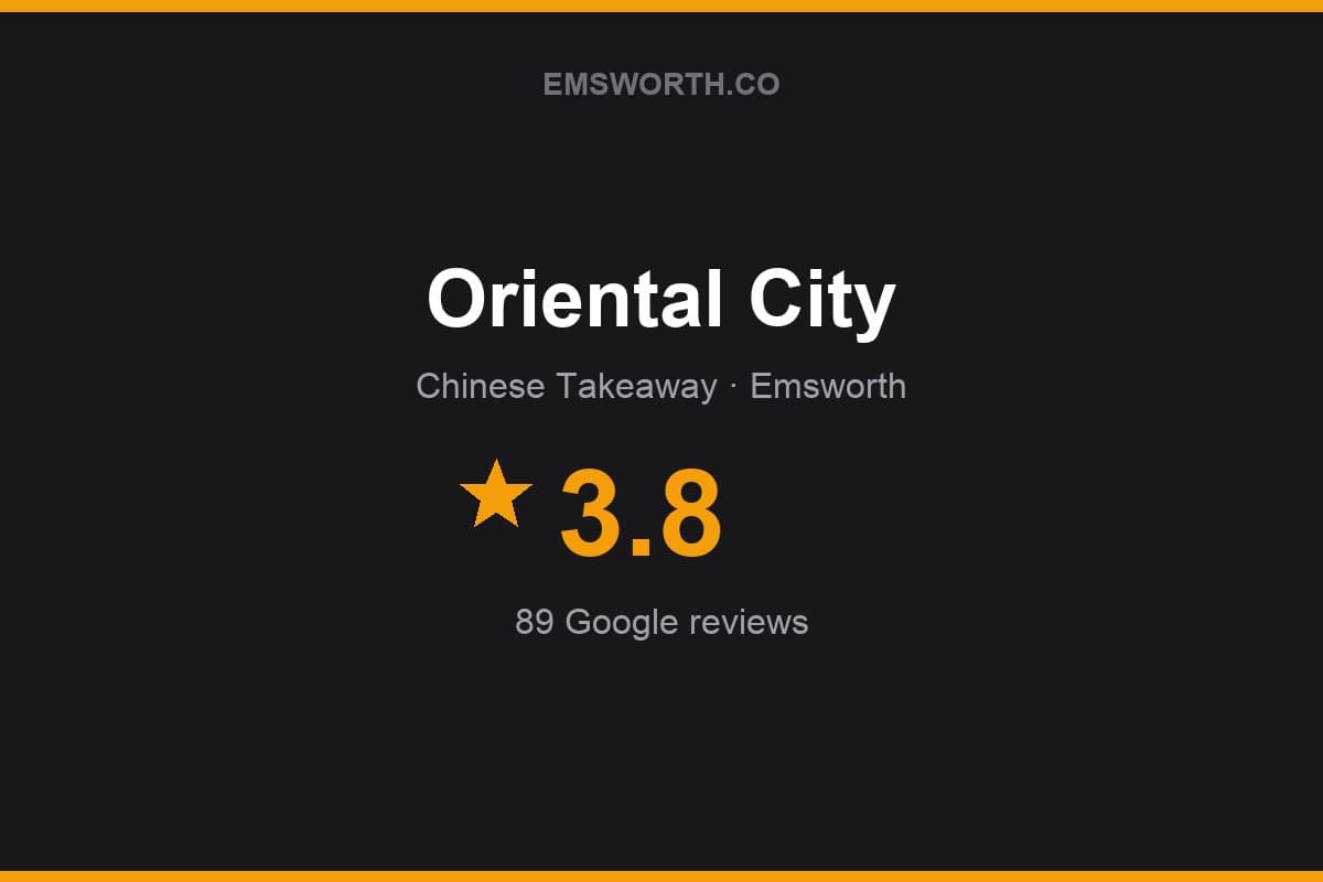 Branded Emsworth.co rating card for Oriental City — 3.8 stars, 89 Google reviews