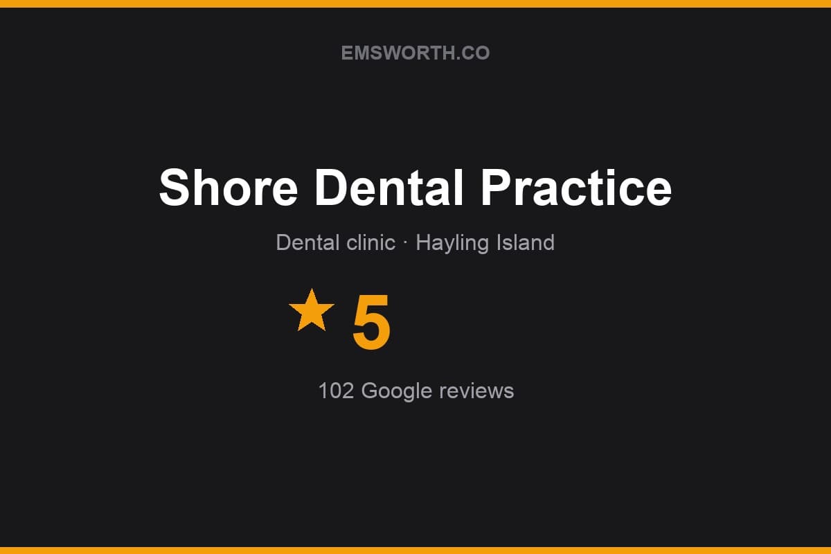 Branded Emsworth.co rating card for Shore Dental Practice — 5 stars, 102 Google reviews
