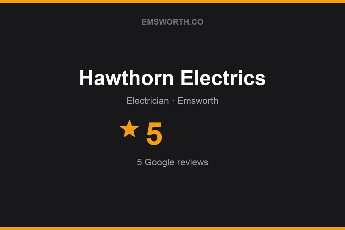 Branded Emsworth.co rating card for Hawthorn Electrics — 5 stars, 5 Google reviews