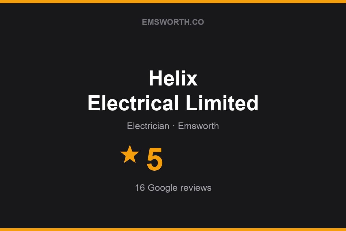 Branded Emsworth.co rating card for Helix Electrical Limited — 5 stars, 16 Google reviews