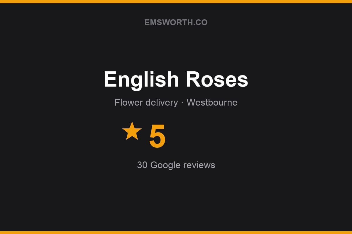 Branded Emsworth.co rating card for English Roses — 5 stars, 30 Google reviews