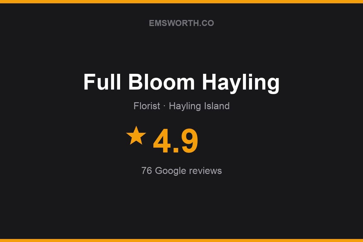 Branded Emsworth.co rating card for Full Bloom Hayling — 4.9 stars, 76 Google reviews