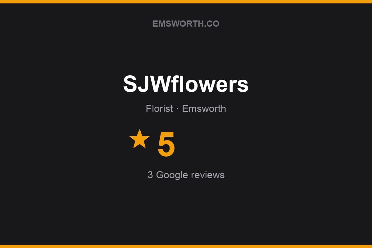 Branded Emsworth.co rating card for SJWflowers — 5 stars, 3 Google reviews