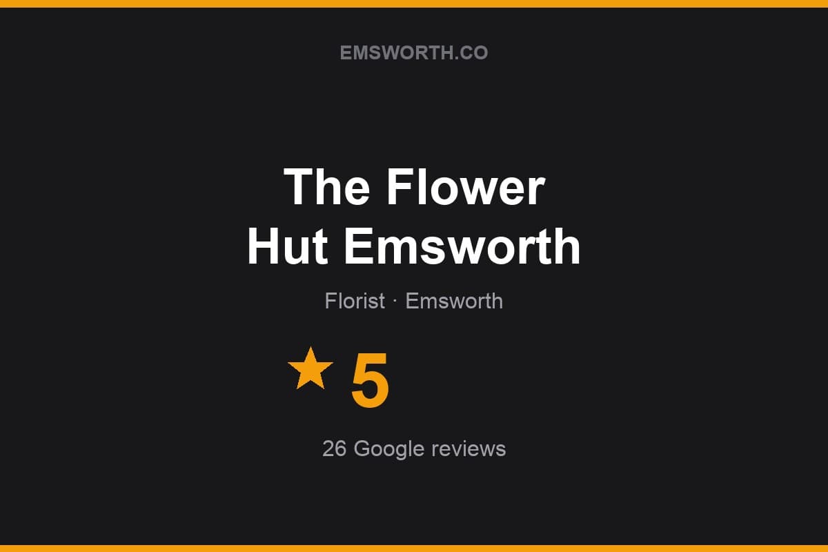 Branded Emsworth.co rating card for The Flower Hut Emsworth — 5 stars, 26 Google reviews