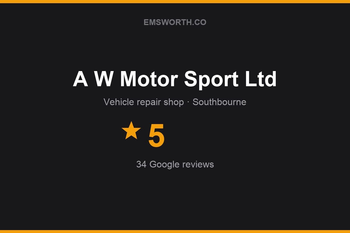 Branded Emsworth.co rating card for A W Motor Sport Ltd — 5 stars, 34 Google reviews