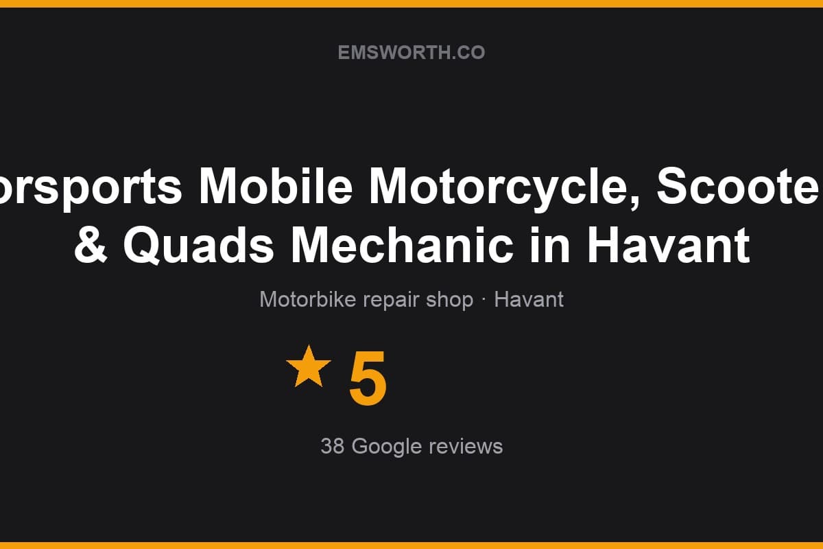 Branded Emsworth.co rating card for F22Motorsports Mobile Motorcycle, Scooter, Trikes & Quads Mechanic in Havant — 5 stars, 38 Google reviews