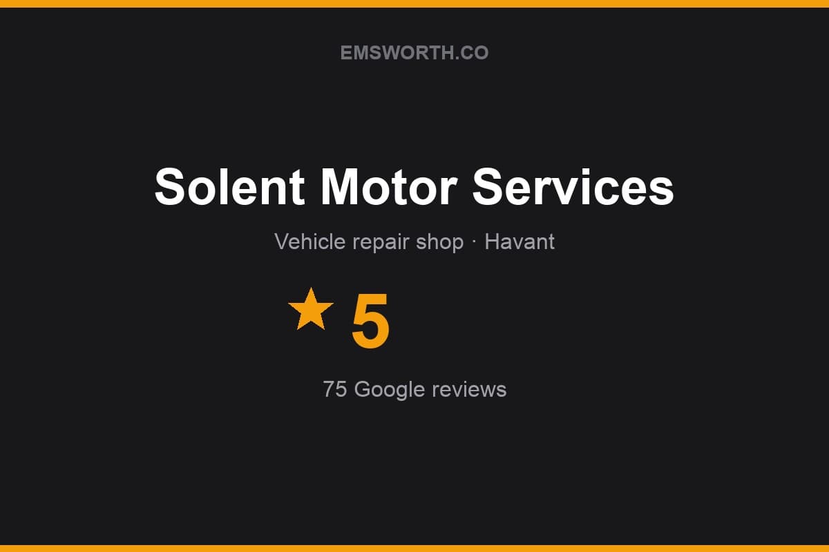 Branded Emsworth.co rating card for Solent Motor Services — 5 stars, 75 Google reviews