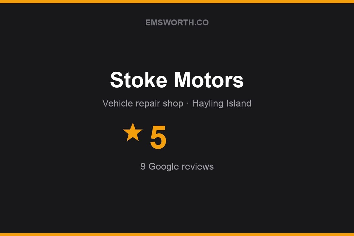 Branded Emsworth.co rating card for Stoke Motors — 5 stars, 9 Google reviews