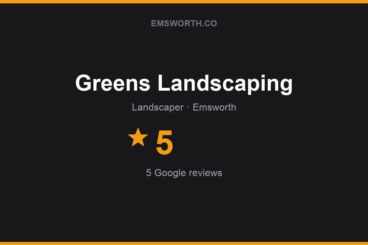 Branded Emsworth.co rating card for Greens Landscaping — 5 stars, 5 Google reviews