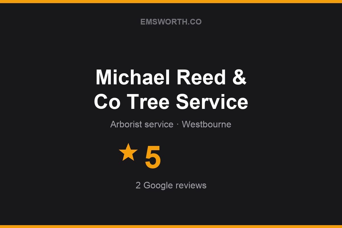 Branded Emsworth.co rating card for Michael Reed & Co Tree Service — 5 stars, 2 Google reviews