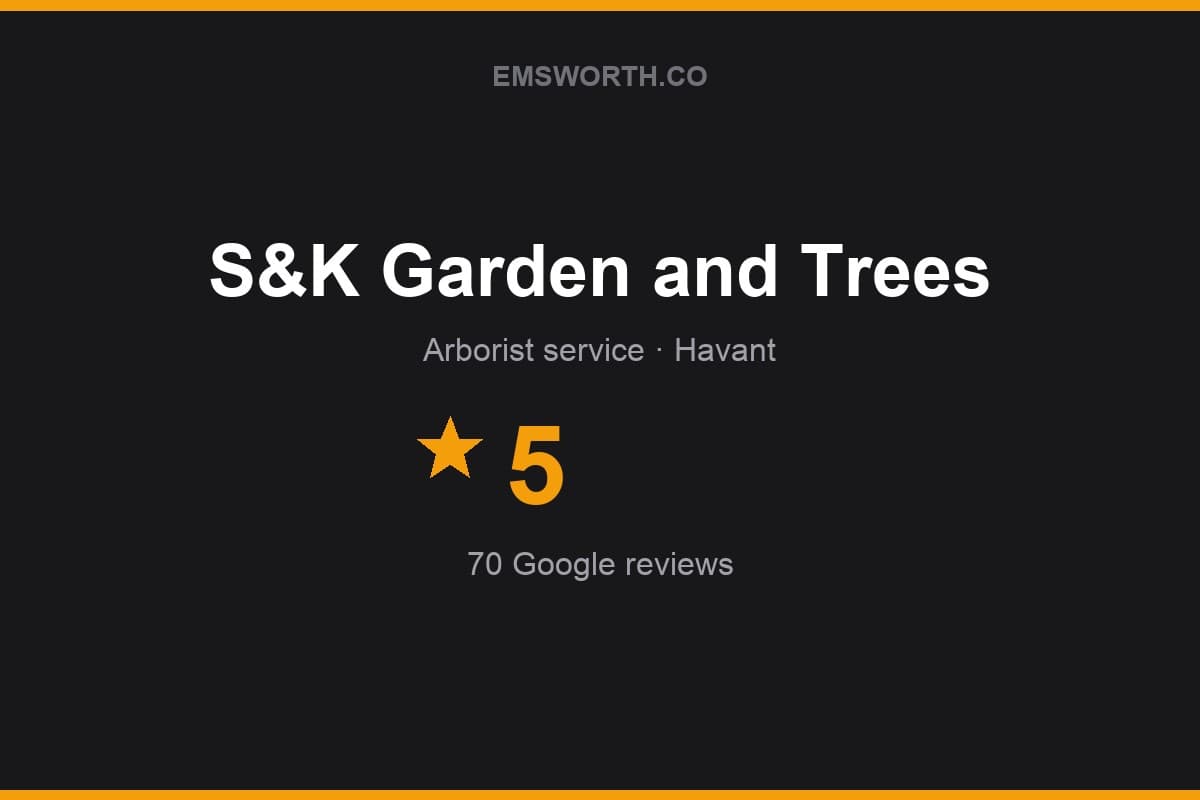 Branded Emsworth.co rating card for S&K Garden and Trees — 5 stars, 70 Google reviews