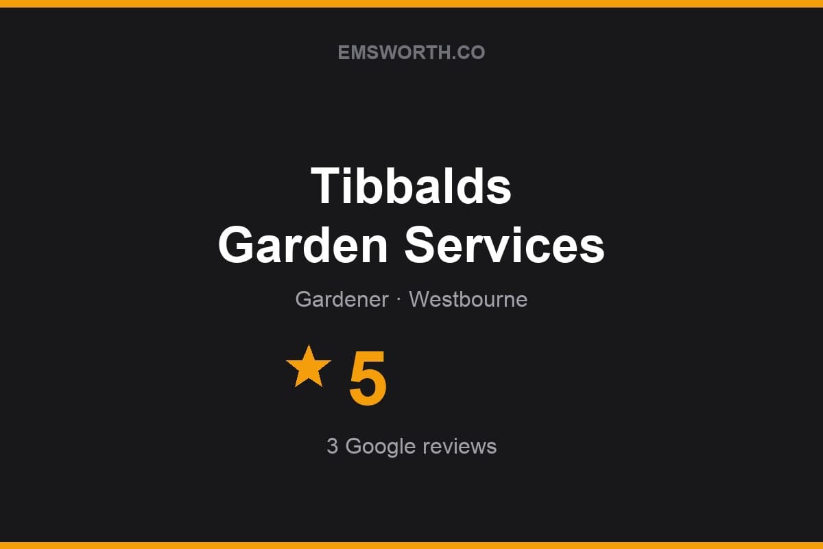 Branded Emsworth.co rating card for Tibbalds Garden Services — 5 stars, 3 Google reviews