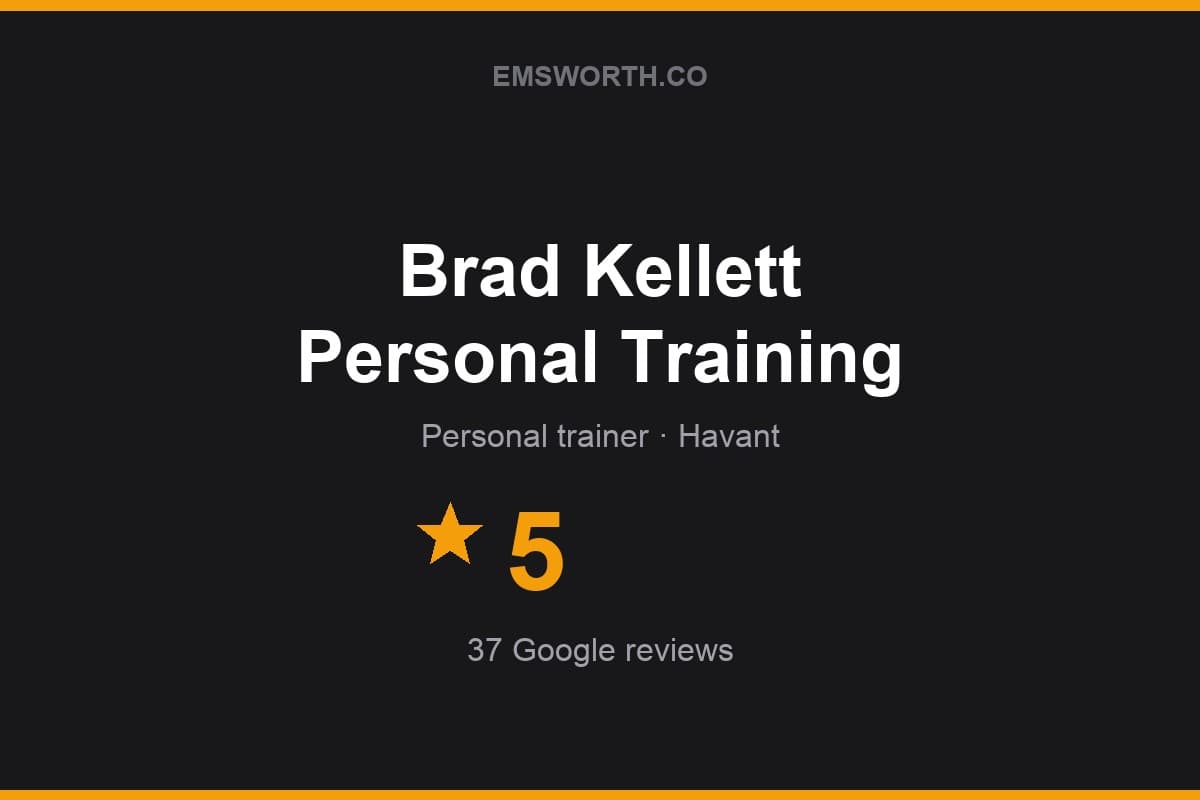 Branded Emsworth.co rating card for Brad Kellett Personal Training — 5 stars, 37 Google reviews