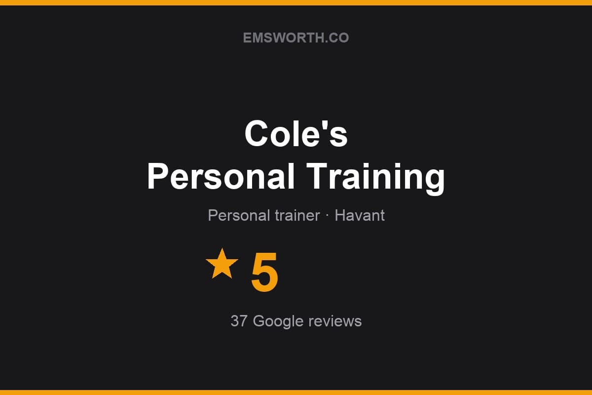 Branded Emsworth.co rating card for Cole's Personal Training — 5 stars, 37 Google reviews