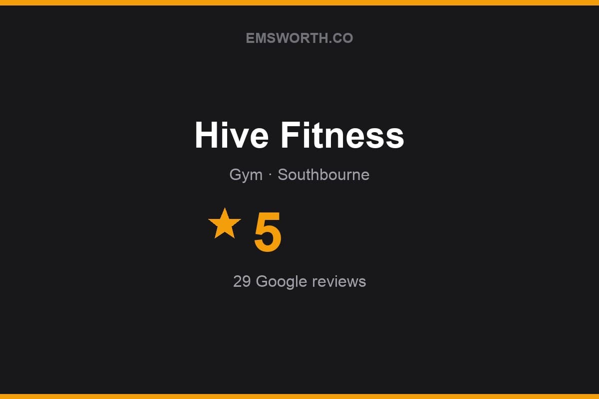Branded Emsworth.co rating card for Hive Fitness — 5 stars, 29 Google reviews