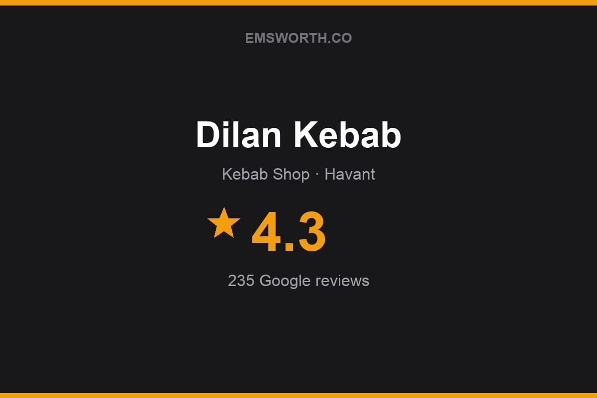Branded Emsworth.co rating card for Dilan Kebab — 4.3 stars, 235 Google reviews