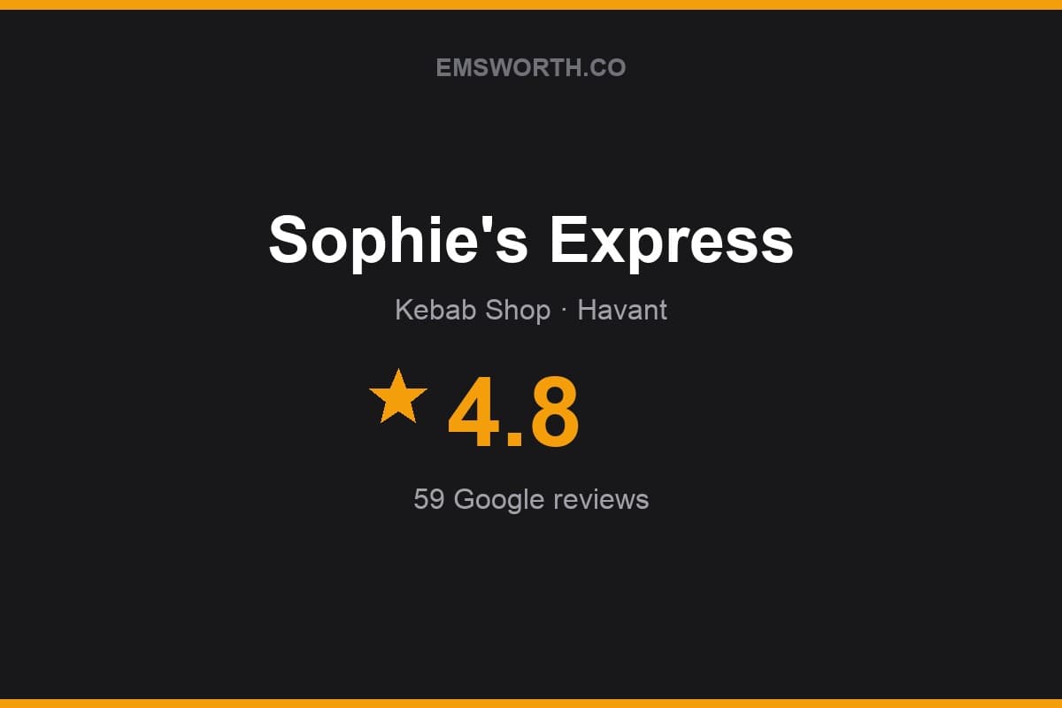 Branded Emsworth.co rating card for Sophie's Express — 4.8 stars, 59 Google reviews