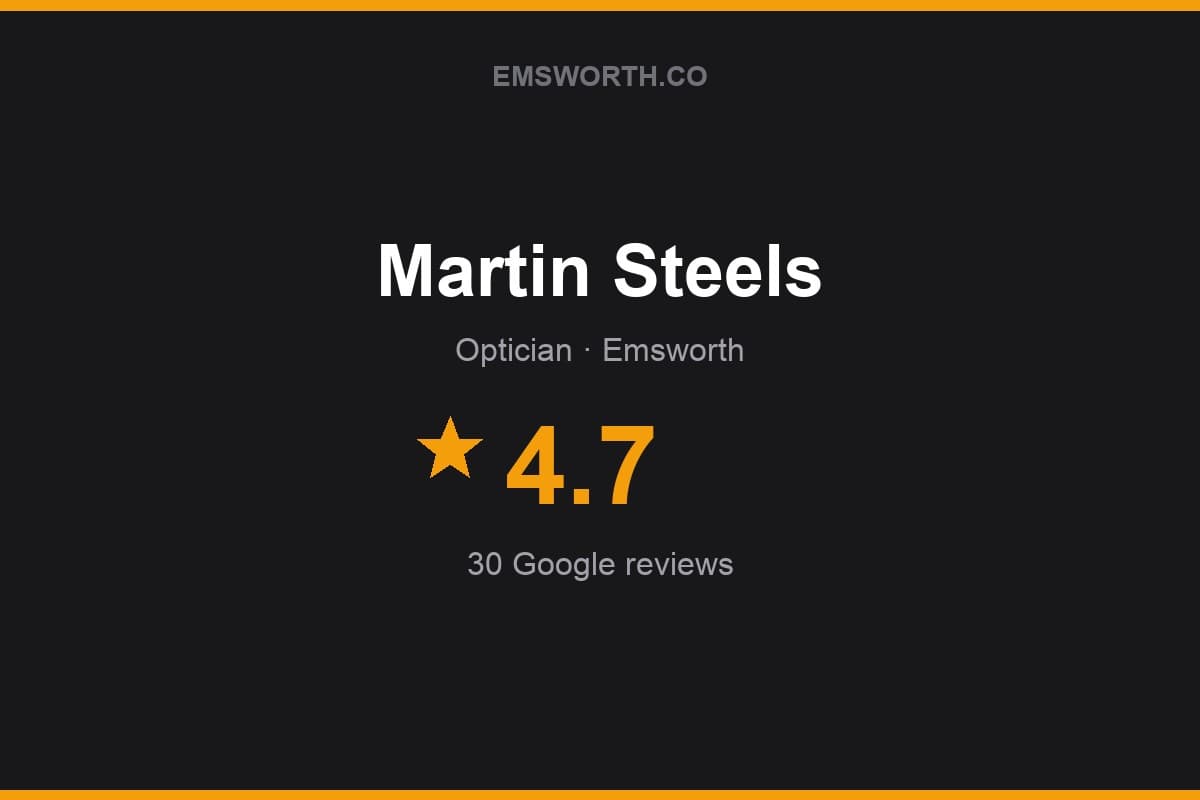 Branded Emsworth.co rating card for Martin Steels — 4.7 stars, 30 Google reviews