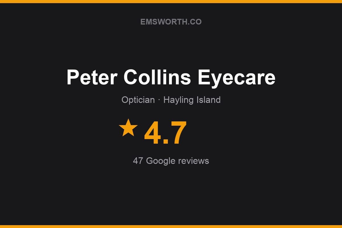 Branded Emsworth.co rating card for Peter Collins Eyecare — 4.7 stars, 47 Google reviews