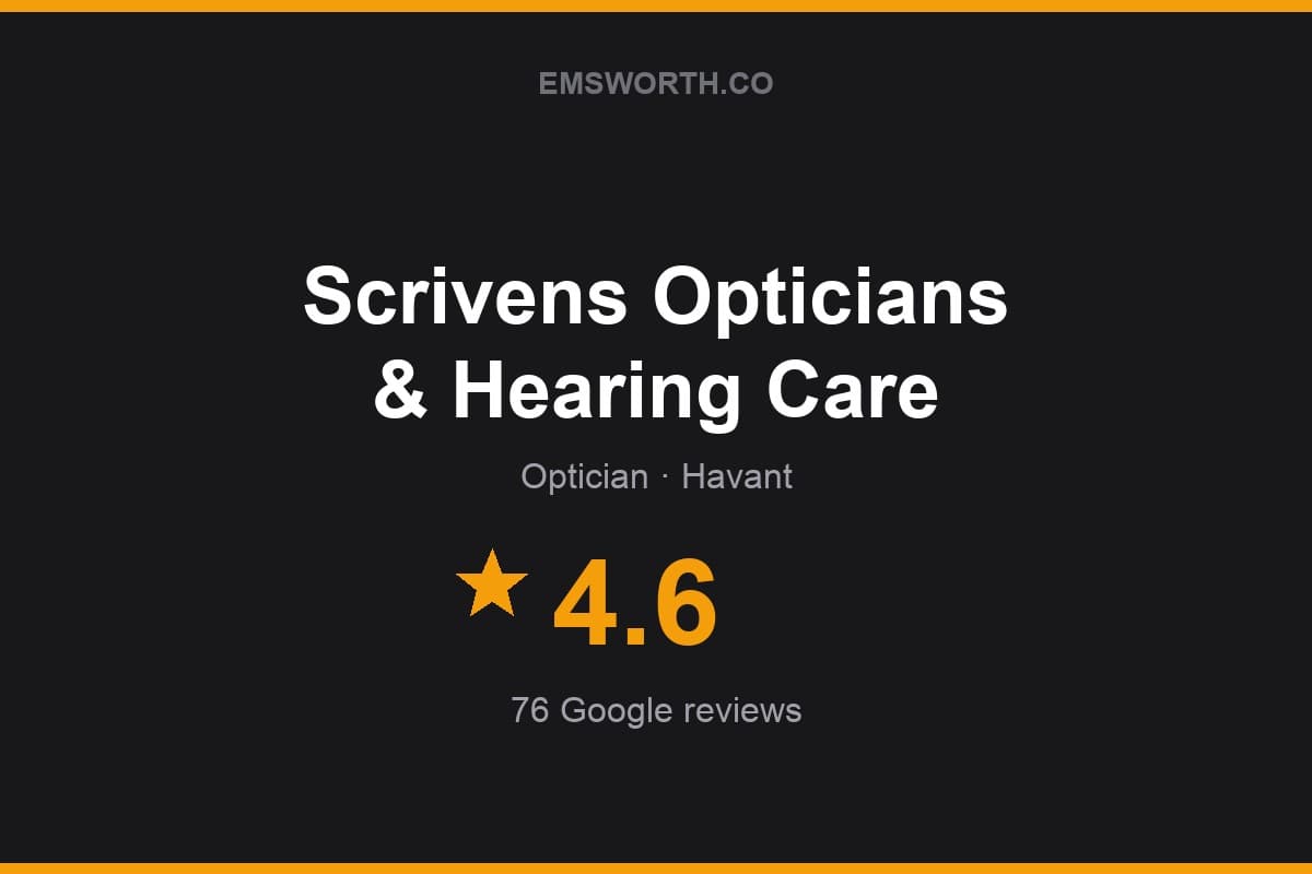Branded Emsworth.co rating card for Scrivens Opticians & Hearing Care — 4.6 stars, 76 Google reviews