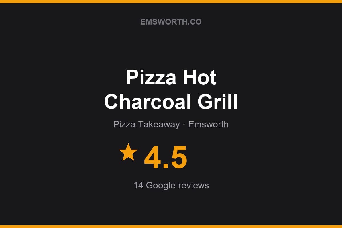 Branded Emsworth.co rating card for Pizza Hot Charcoal Grill — 4.5 stars, 14 Google reviews