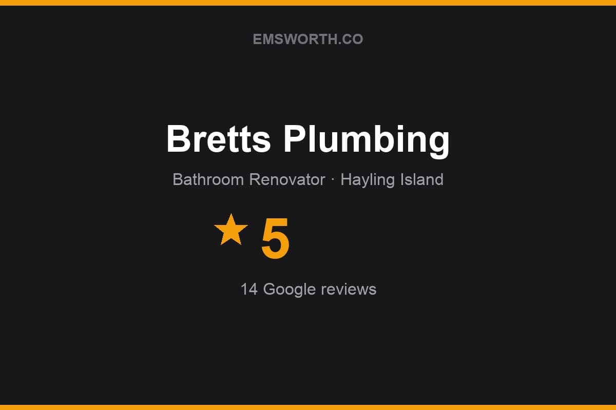 Branded Emsworth.co rating card for Bretts Plumbing — 5 stars, 14 Google reviews