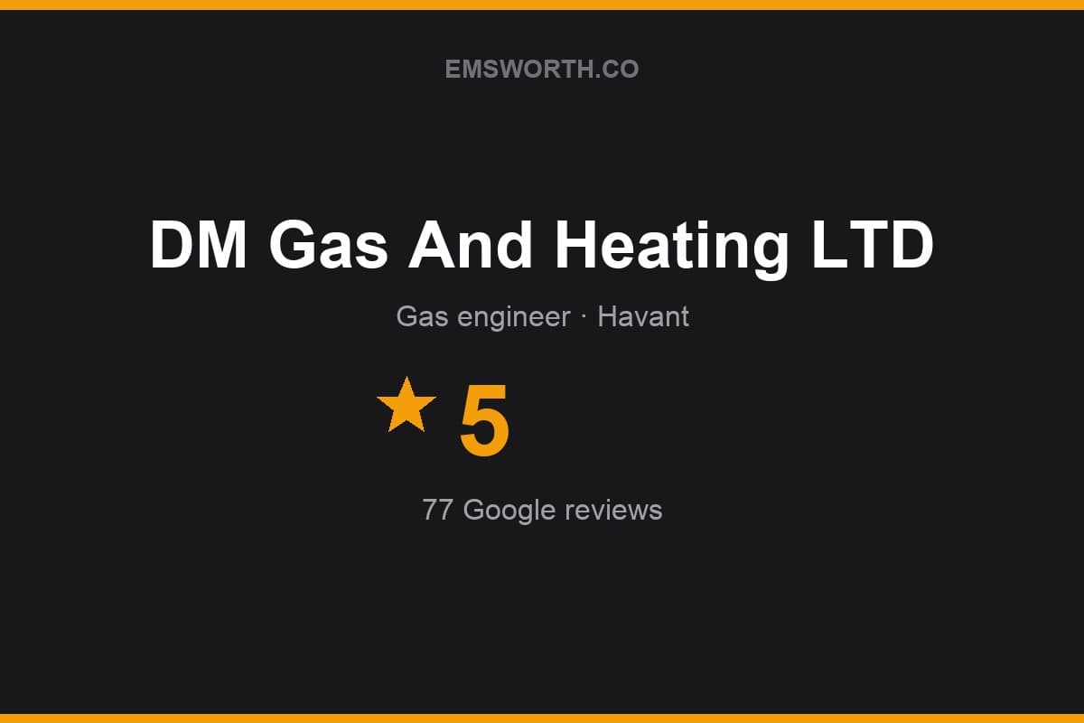 Branded Emsworth.co rating card for DM Gas And Heating LTD — 5 stars, 77 Google reviews