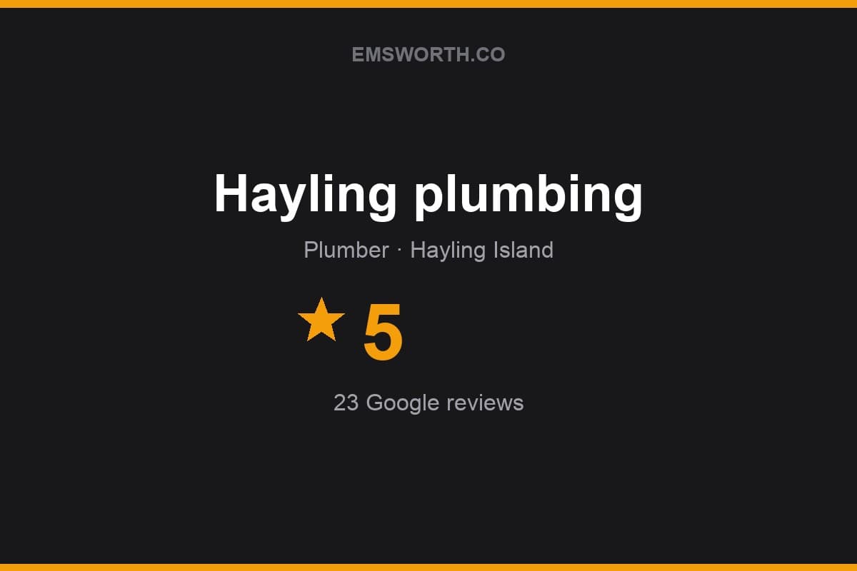 Branded Emsworth.co rating card for Hayling plumbing — 5 stars, 23 Google reviews