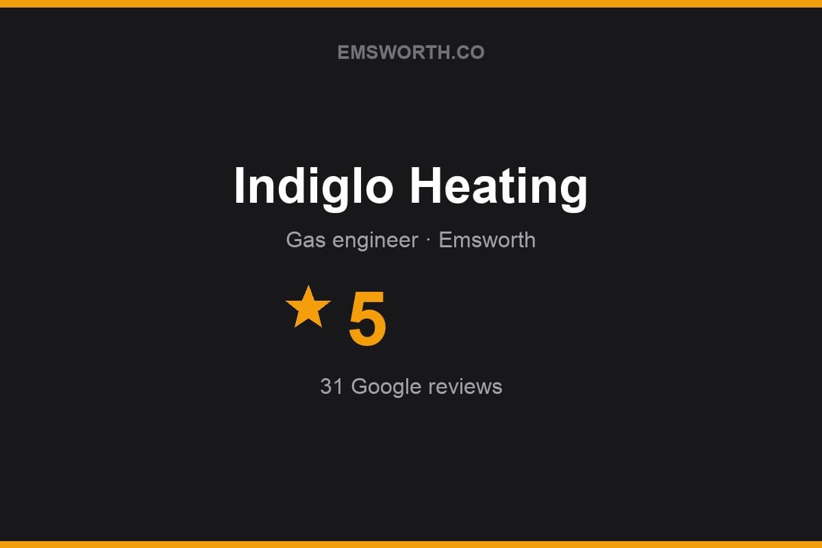 Branded Emsworth.co rating card for Indiglo Heating — 5 stars, 31 Google reviews