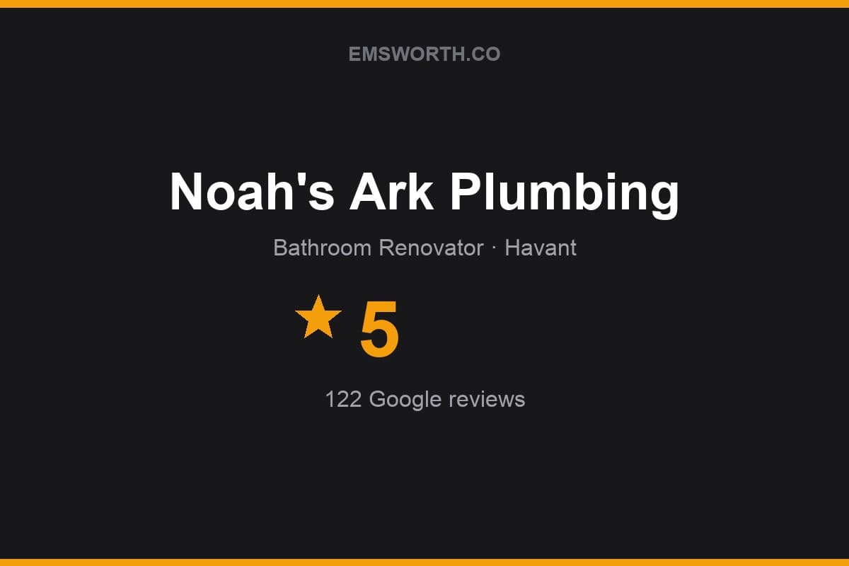 Branded Emsworth.co rating card for Noah's Ark Plumbing — 5 stars, 122 Google reviews