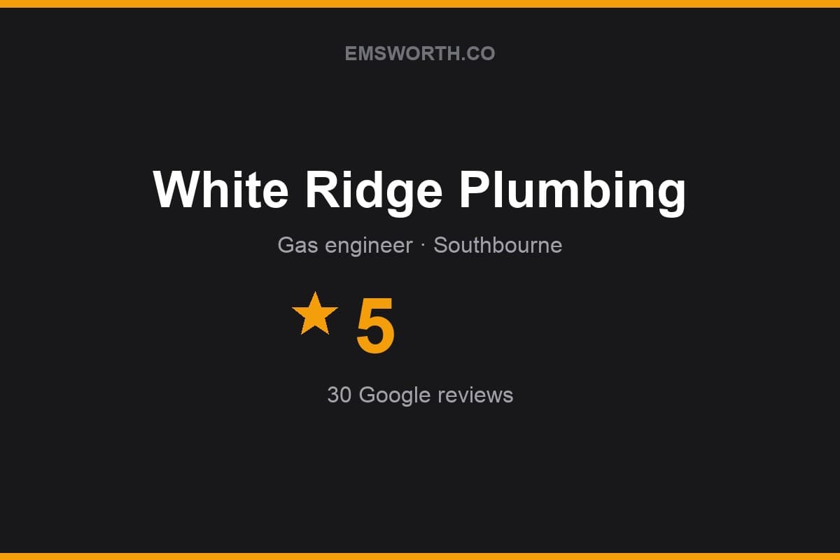 Branded Emsworth.co rating card for White Ridge Plumbing — 5 stars, 30 Google reviews