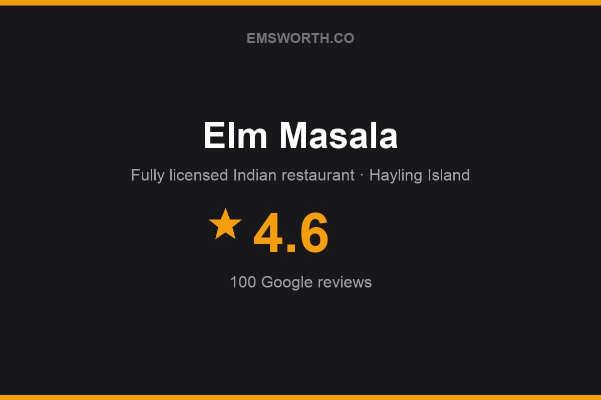 Branded Emsworth.co rating card for Elm Masala — 4.6 stars, 100 Google reviews