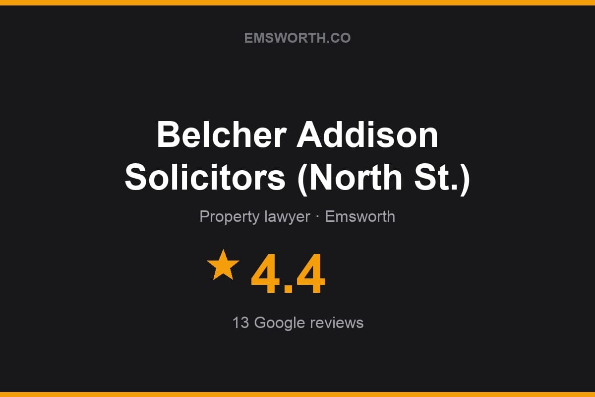 Branded Emsworth.co rating card for Belcher Addison Solicitors (North St.) — 4.4 stars, 13 Google reviews