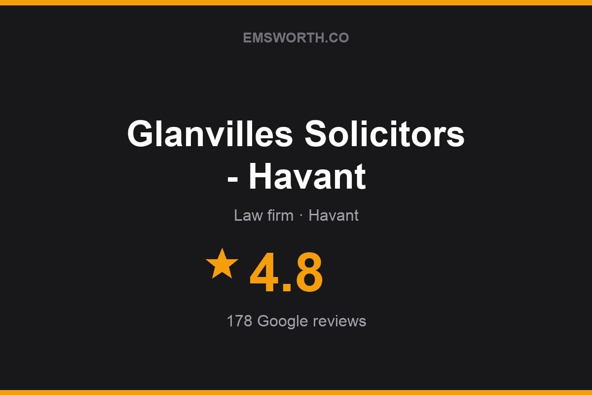 Branded Emsworth.co rating card for Glanvilles Solicitors - Havant — 4.8 stars, 178 Google reviews