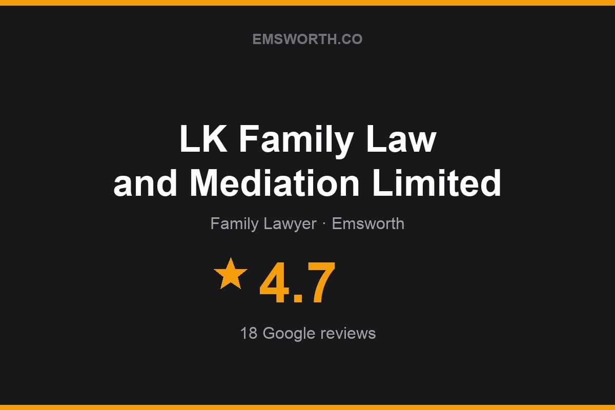Branded Emsworth.co rating card for LK Family Law and Mediation Limited — 4.7 stars, 18 Google reviews