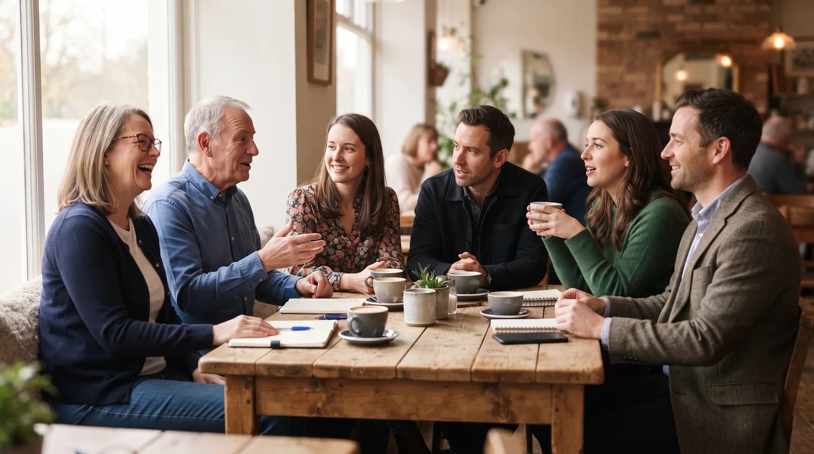 AI-created illustration of fictional local owners talking around a café table